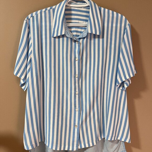 JANE + DELANCEY Light blue white striped soft short sleeve buttoned blouse Sz L - Picture 7 of 7